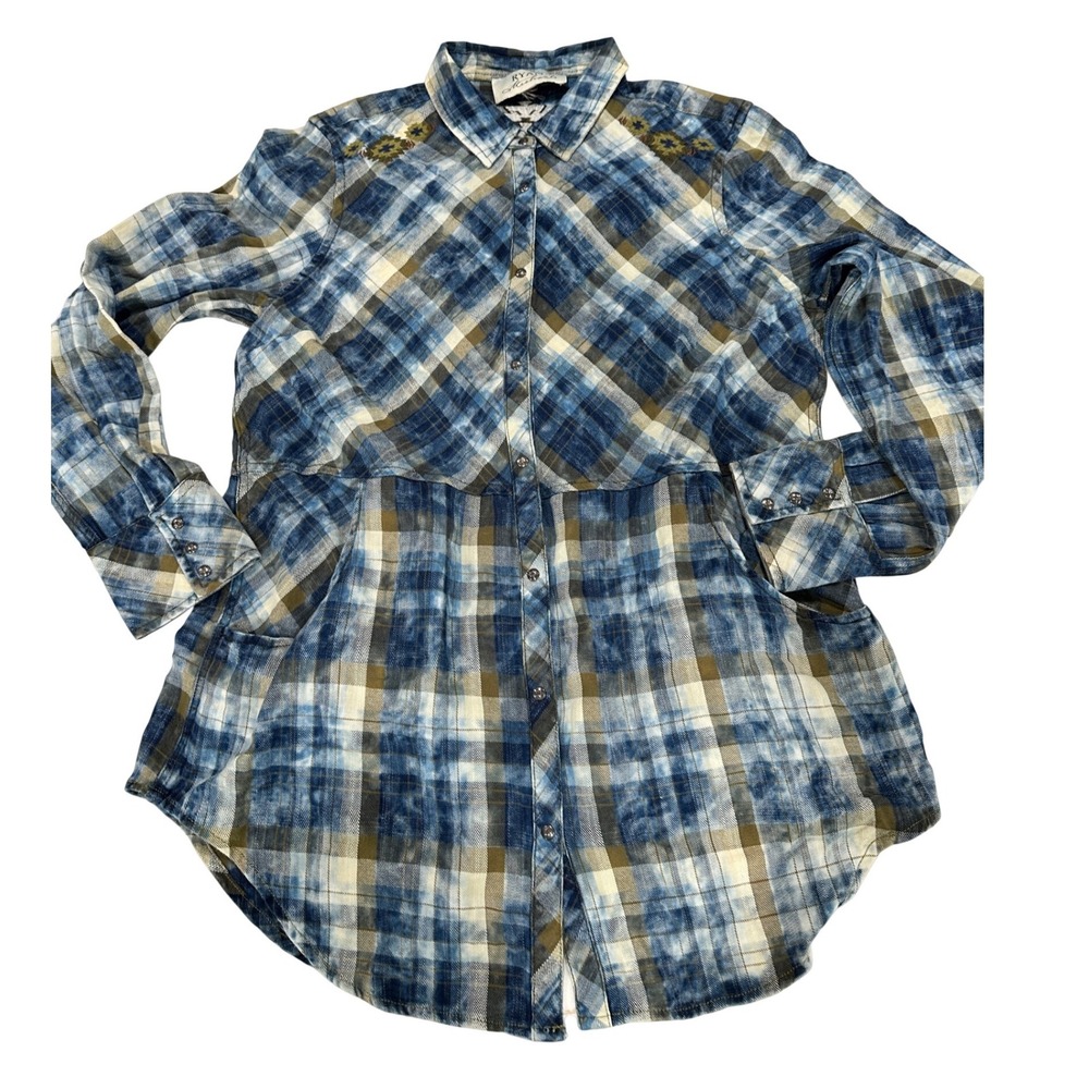 Ryan Michael Womens Blue Moss Plaid Western‎ Tunic Shirt Embroidered